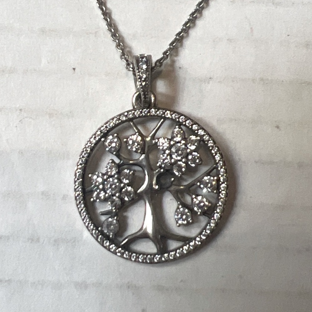 Authentic Retired Pandora Tree of Life Necklace - Sterling Silver Cubic Zirconia